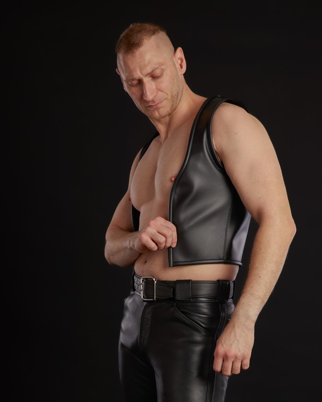 Custom-made leather vest made of black cowhide leather