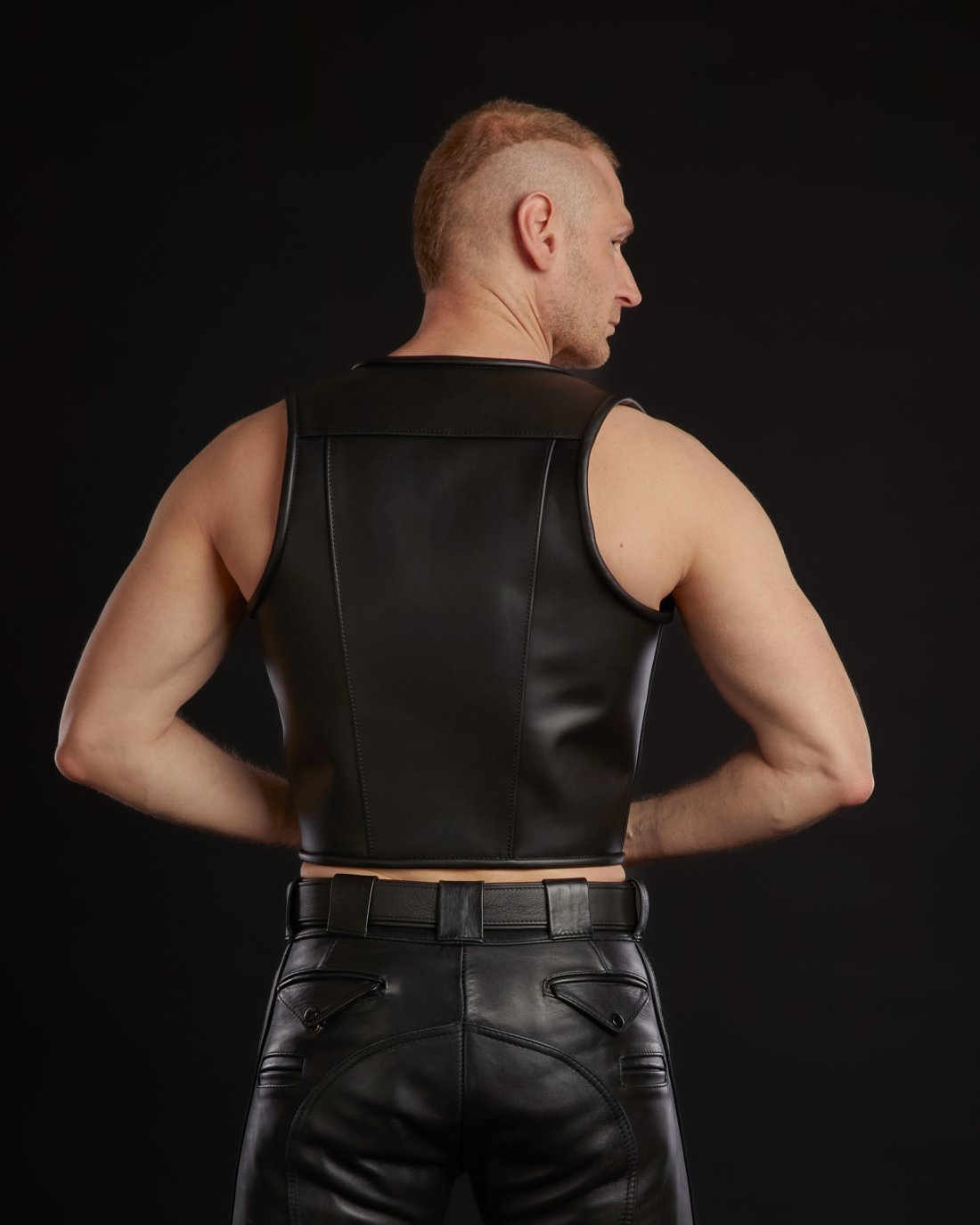 Custom-made leather vest made of black cowhide leather
