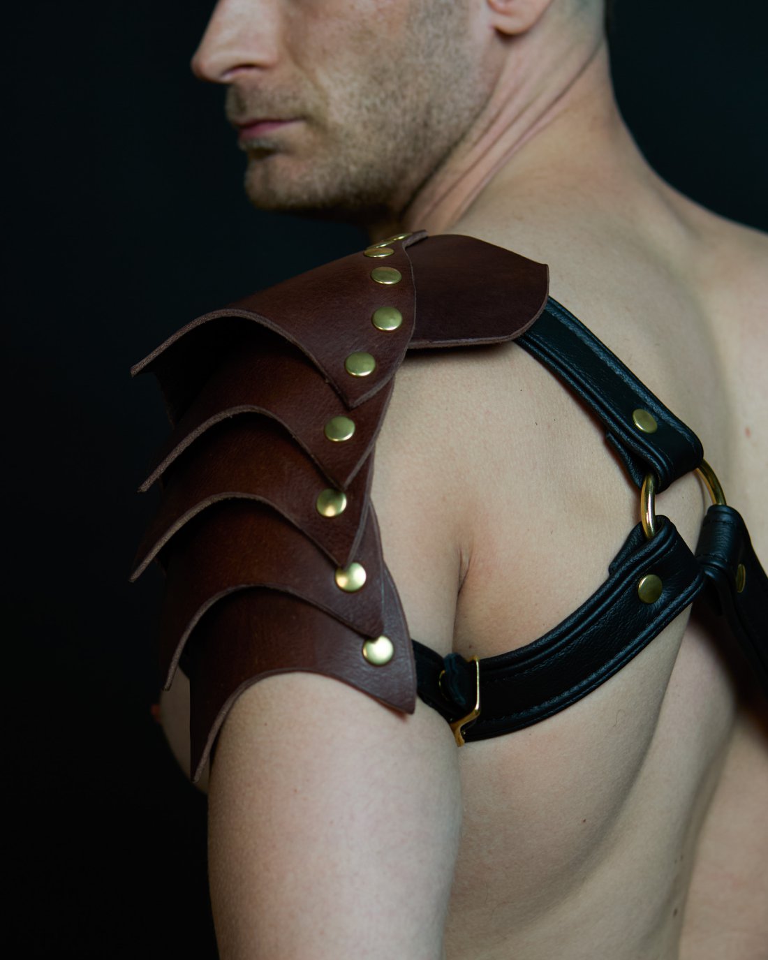 Leather gladiator harness with brown shoulder armor