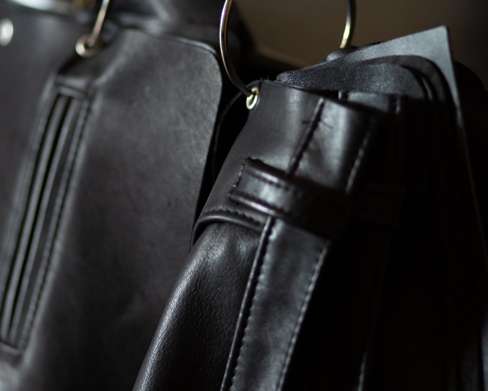 Leather samples on hooks in the studio